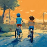2 рисунок, шарж, комикс, карикатура, ребятня во дворе, на великах, раскраски наполовину раскрашенные, игра в догонялки, синий, оранжевый, зелёный, бежевый
