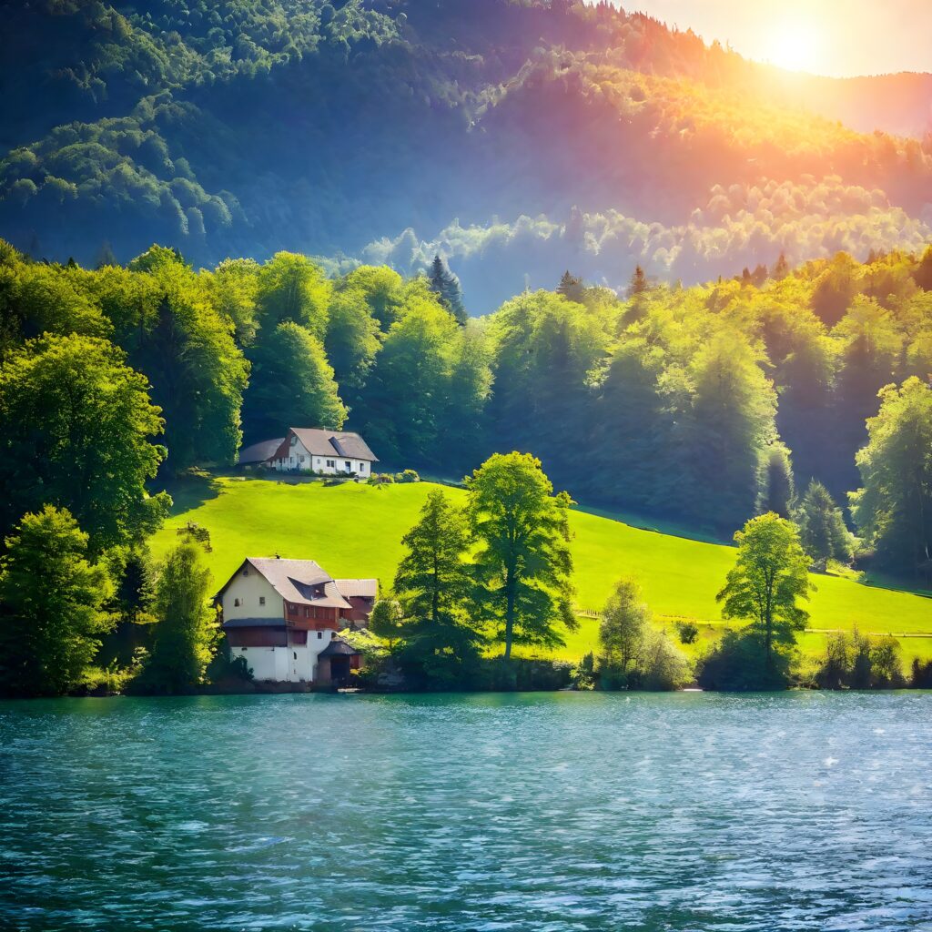 A house in the village on the lake shore