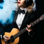 Создай шедевр, девушка в больших наушниках, курит сигару, бард, в смокинге с гитарой, эстетично, красиво, реалистично, профессиональное фото, 4k, 30mm lens, высокое разрешение, высокая детализация, черный фон, пиксельная графика, яркое освещение, софит, вид со спины