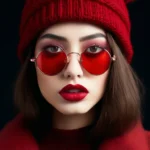 Чёрный глянцевый фон. Вязанные бордовые шапочка с ушками и кофта отворотом на пуговицах. Пухлые губы, в круглых  красных очках, глянец.