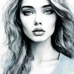Скетч, раскраски, эстетичная, акварель, глазищи, губищи, девушка, реализм, выразительные глаза, контуры, штриховка, светотень, нежно-светло-голубой и светло-серый, кофточка