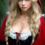 Смотреть в глаза, настоящая взрослая красная шапочка, прекрасная девушка, чёлка, блондинка, натуральные волосы заплетены в обратную косу, очаровательная милейшая застенчивая улыбка, большие очаровывающие синие выразительные глаза, подчёркнуто большой бюст, очень красивой формы пухлые губы, скрупулёзно, ювелирно, глянец, большие ресницы, чёлка, кружева, рюши, воланы, тёмное ботаническое искусство, эстетично, грациозная, тончайшая талия, на руке полная корзинка с пирогами