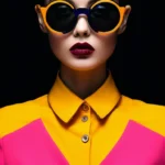 Женщина в тренде, чёрный фон, смелые линии, яркие цвета, за гранью времени и воображения, элегантность, цифровое фото, эстетично, красиво, реалистично, профессиональное фото, 4k, круглые очки