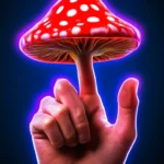 Чёрный фон, изящная кисть руки показывает жест класс, большой палец вверх, спасибо, профессиональное фото, эстетично, красиво, реалистично, 30mm lens, 4k, неон, на пальце шляпа мухомора