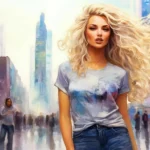 Элегантная женщина, блонди на фоне современного мегаполиса посредине движения людей