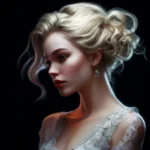 Женщина, блондинка, нежная глянцевая кожа, женская красота,  кружева, локон, рюши, волосы в пучок, лунный свет, туман и дым, чёрный фон, вышивка, пиксельные узоры, максимальная детализация, максимальный, реализм, темно-ботанический стиль, максимальное качество
