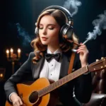 Create a masterpiece, a girl in big headphones, smoking a cigar, a bard,