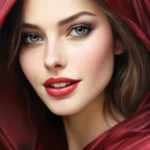 Женщина-загадка, глянец, улыбка, чистое милое лицо, фокус на глаза, рисунок простым карандашом, трёхмерный, тонкая нежная светлая прозрачная бордовая ткань, профессиональное фото, реалистично, эстетично, модельная внешность, модель, яркий агресивный макияж