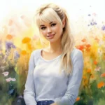 Прекрасная блондинка, чёлка, волосы собраны в хвост, очаровательная улыбка, белые кроссовки, грациозная, позирует, фон цветочная поляна, акварель