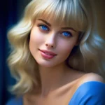Модельная внешность, женщина, ярко синие глазая, в глазах отражение, утончённая, умопомрачительная, максимально реалистично, застенчивая, ироничная улыбка, идеальная фигура, с одной стороны волосы за ухо назад приколоты шпилькой, локон, чёлка, блондинка, постер, 3D