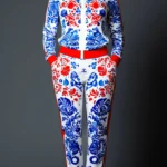 full body woman wearing a white and blue porcelain tracksuit full body woman wearing a Khokhloma tracksuit