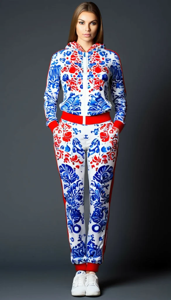 full body woman wearing a white and blue porcelain tracksuit full body woman wearing a Khokhloma tracksuit