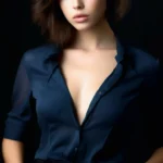 ++++++++++++++++++Фотосессия+Позинг. Яркий притягательный макияж, модель. Губы, девушка, брюнетка, причёска ассиметрия, волосы натуральные, реализм, выразительные глаза, манящий взгляд, контуры светотень, нежность, милое лицо, кофточка и джинсы, бюст, утончённая талия, чёрный фон __________________________ Промт: Модель девушки, для сайта 1promtai.ru