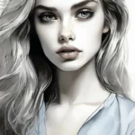 Скетч, раскраски, эстетичная, акварель, глазищи, губищи, девушка, реализм, блондинка, выразительные глаза, контуры, штриховка, светотень, нежно-светло-голубой и светло-серый, кофточка