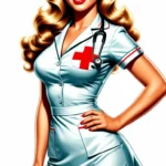 A drawing of a pin-up woman dressed in a retro nurse costume