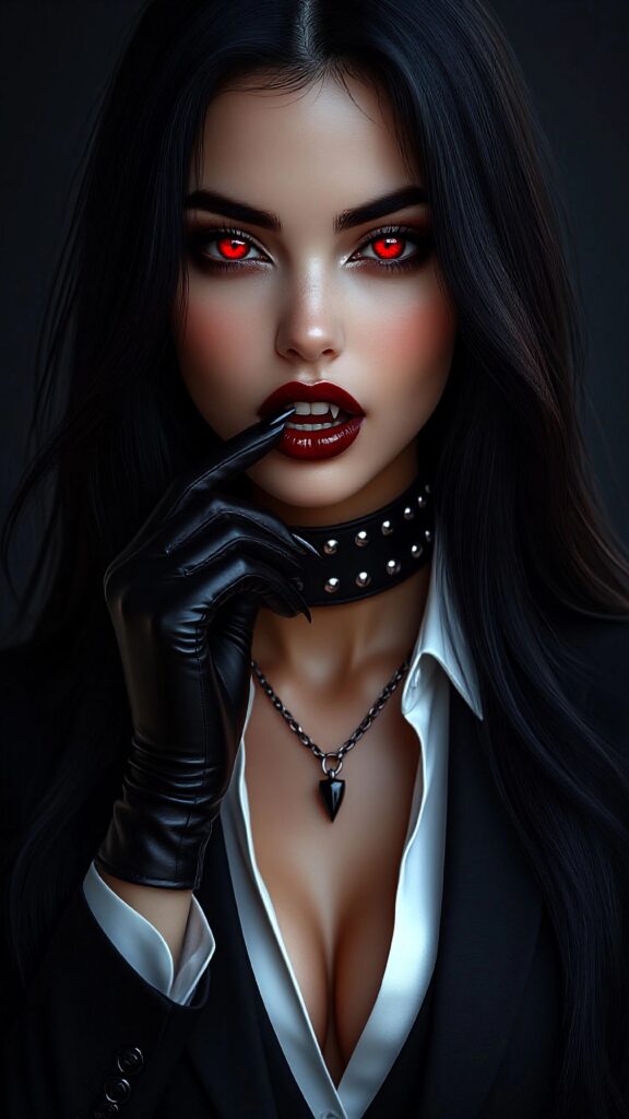 Женщина с длинными черными волосами и ярко-красными глазами