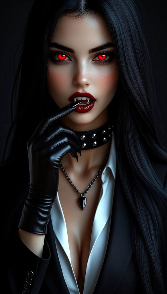 Женщина с длинными черными волосами и ярко-красными глазами