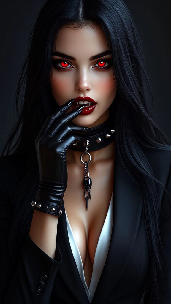 Женщина с длинными черными волосами и ярко-красными глазами