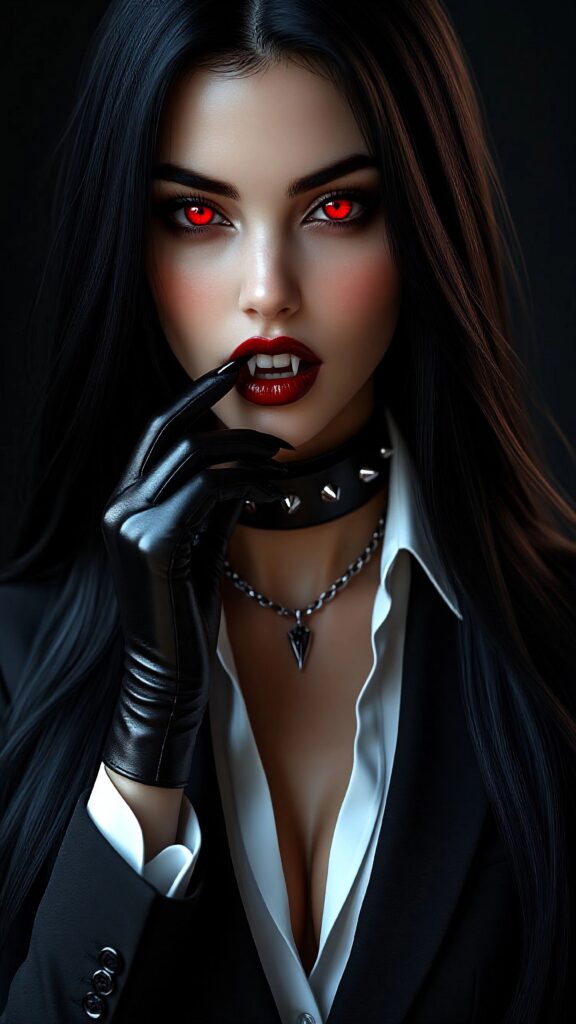 Женщина с длинными черными волосами и ярко-красными глазами