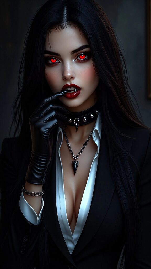 Женщина с длинными черными волосами и ярко-красными глазами