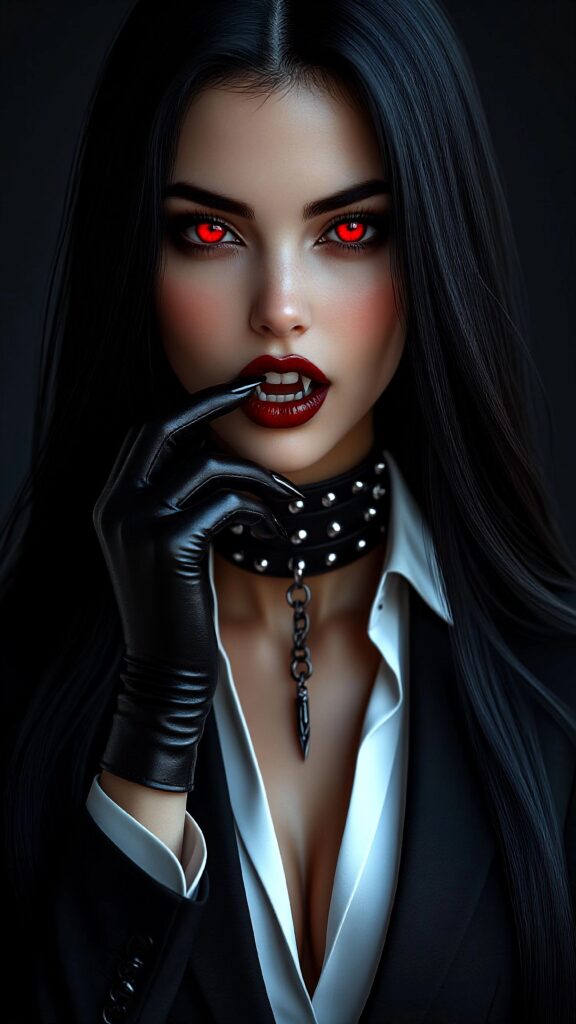 Женщина с длинными черными волосами и ярко-красными глазами