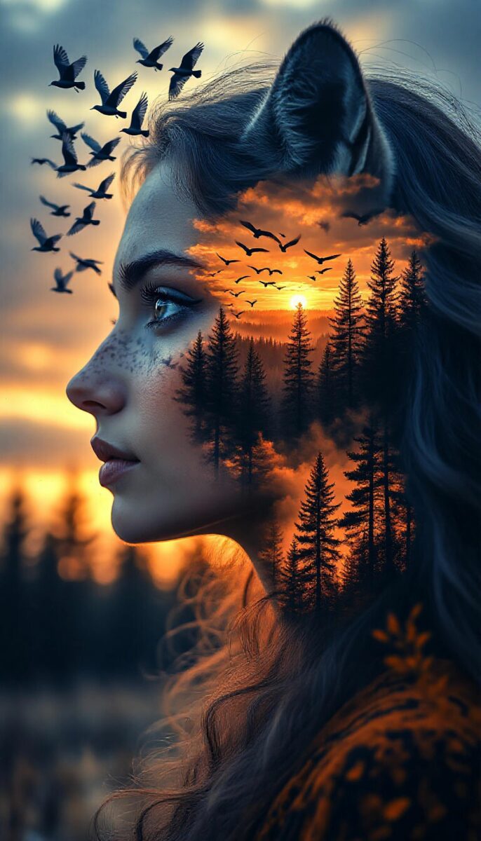 Портрет ведьмы, выполненный в технике двойной экспозиции, совмещающей образ животного с пейзажами разных времен года