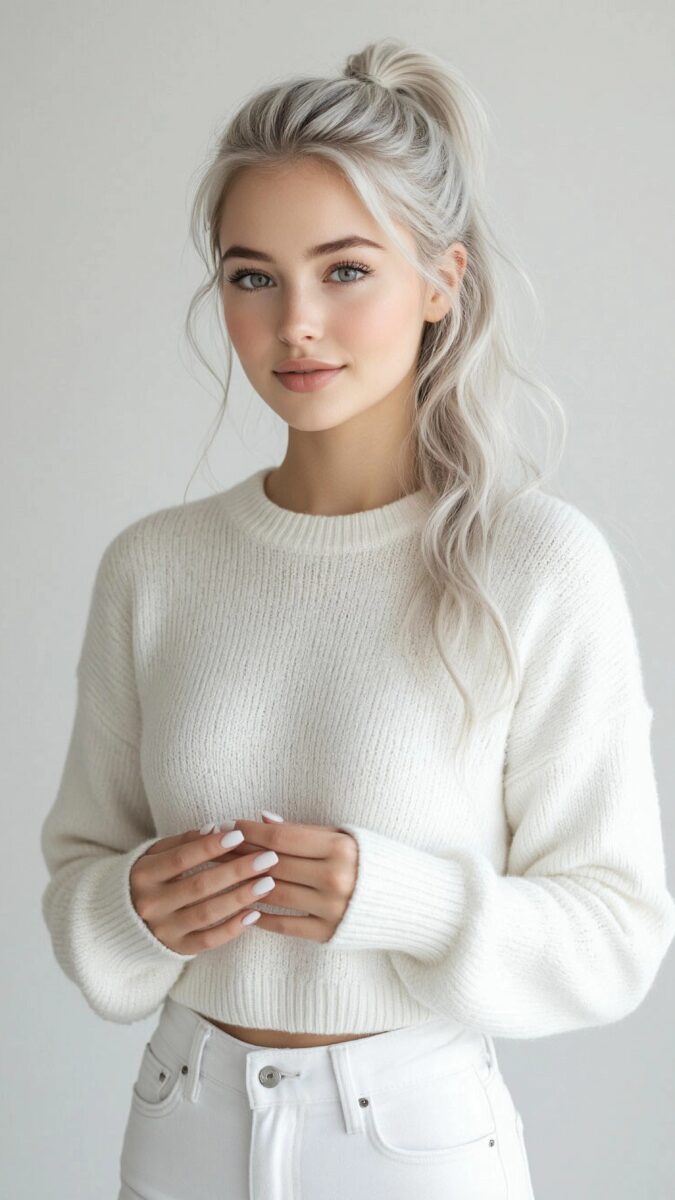 Изящная молодая женщина с белоснежными волнистыми волосами