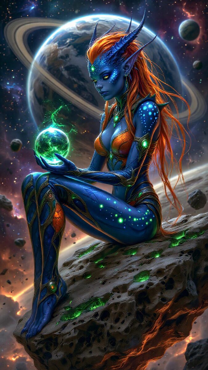 Представляет собой фантастическую сцену с женщиной неземного вида