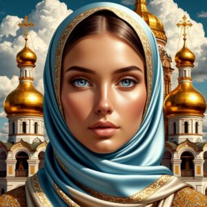 Background golden domes with crosses woman perfect sweet beautiful face light blue silk handkerchief covers her head glossy s