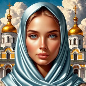 Background golden domes with crosses woman perfect sweet beautiful face light blue silk handkerchief covers her head glossy s