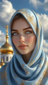 Background golden domes with crosses woman perfect sweet beautiful face light blue silk handkerchief covers her head glossy s
