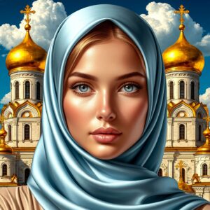 Background golden domes with crosses woman perfect sweet beautiful face light blue silk handkerchief covers her head glossy s