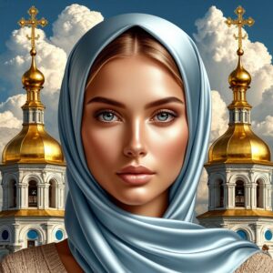 Background golden domes with crosses woman perfect sweet beautiful face light blue silk handkerchief covers her head glossy s