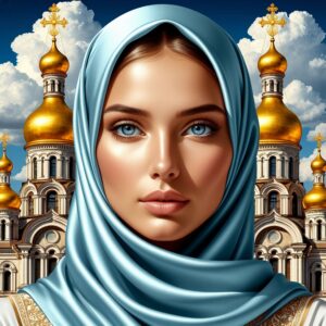 Background golden domes with crosses woman perfect sweet beautiful face light blue silk handkerchief covers her head glossy s