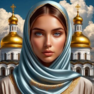 Background golden domes with crosses woman perfect sweet beautiful face light blue silk handkerchief covers her head glossy s