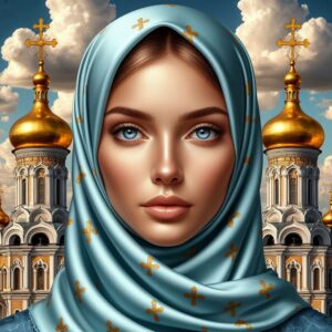 Background golden domes with crosses woman perfect sweet beautiful face light blue silk handkerchief covers her head glossy s